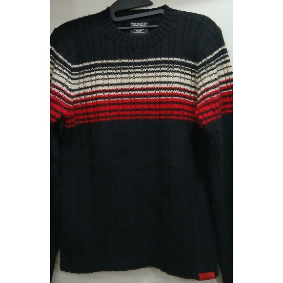 Vintage Polo Jeans Co Ralph Lauren Black Stripe Pullover Wool Sweater Large Y2K - Picture 3 of 7
